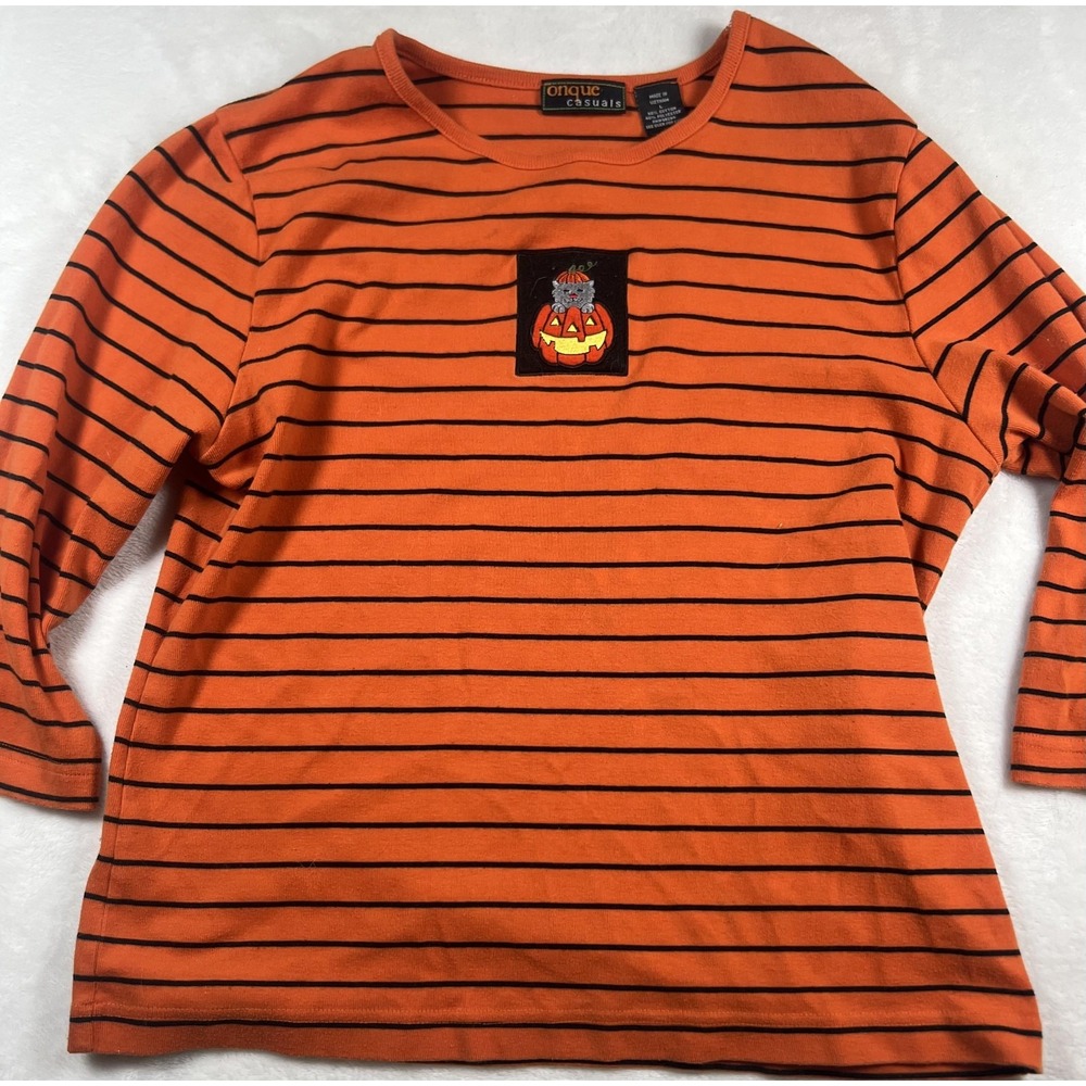 Onque Casuals Shirt Womens Large‎ Orange Stripe Halloween Cat Pumpkin 3/4 Sleeve